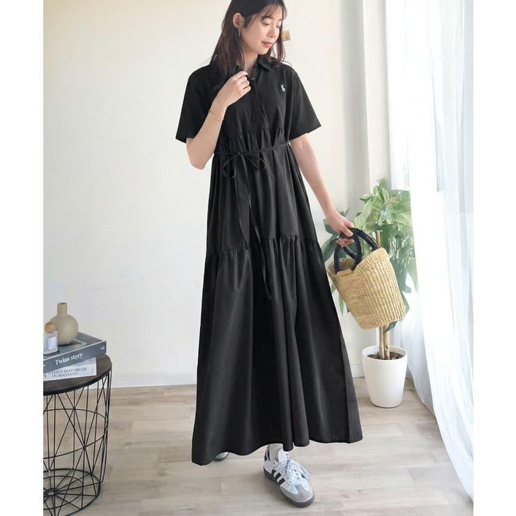 異素材ミックスが目を惹く。胸刺繍ポロ衿布帛切り替えカットティアードワンピース（半… | Classical Elf  | 詳細画像14 