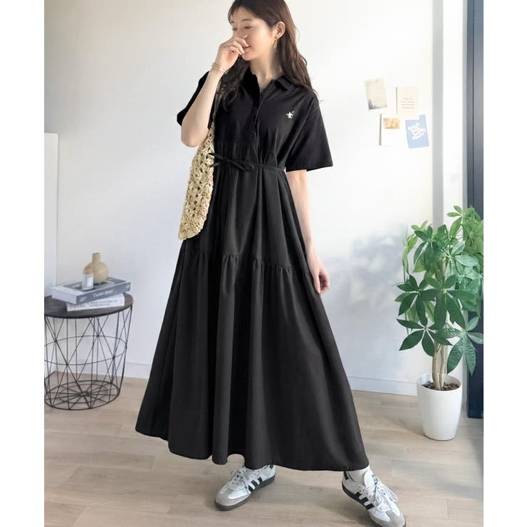 ブラック | 異素材ミックスが目を惹く。胸刺繍ポロ衿布帛切り替えカットティアードワンピース（半… | Classical Elf 