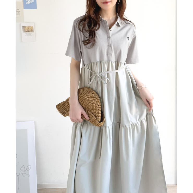 異素材ミックスが目を惹く。胸刺繍ポロ衿布帛切り替えカットティアードワンピース（半… | Classical Elf  | 詳細画像15 