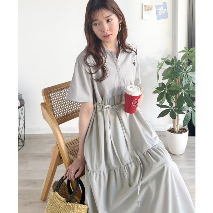 異素材ミックスが目を惹く。胸刺繍ポロ衿布帛切り替えカットティアードワンピース（半… | Classical Elf  | 詳細画像17 