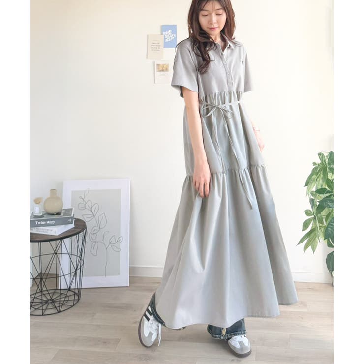 異素材ミックスが目を惹く。胸刺繍ポロ衿布帛切り替えカットティアードワンピース（半… | Classical Elf  | 詳細画像20 