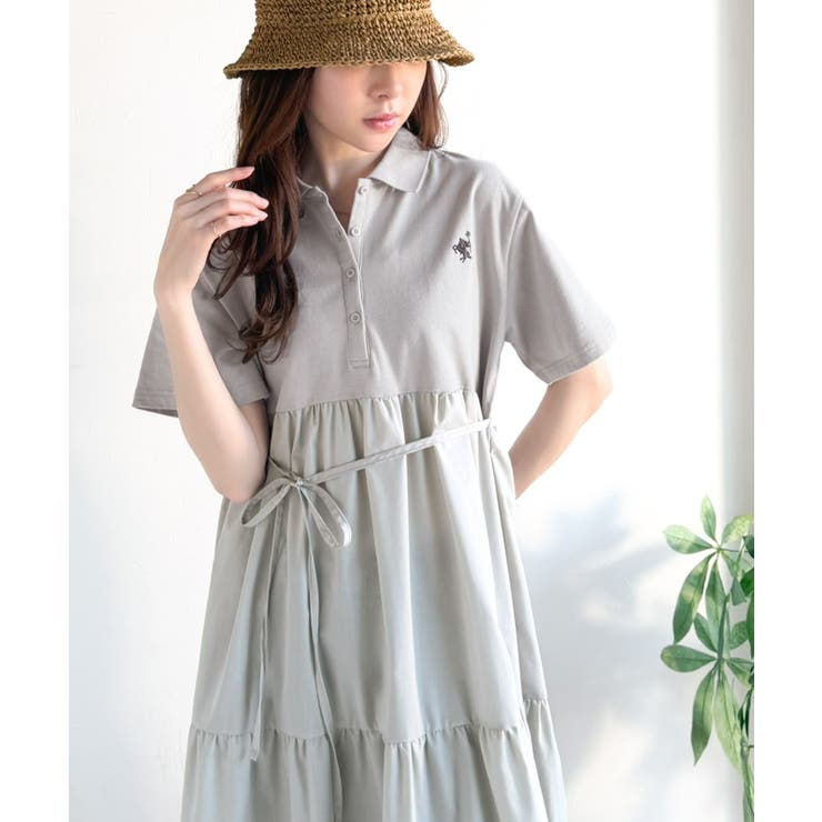 異素材ミックスが目を惹く。胸刺繍ポロ衿布帛切り替えカットティアードワンピース（半… | Classical Elf  | 詳細画像21 