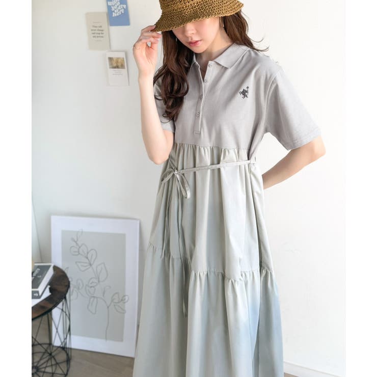 異素材ミックスが目を惹く。胸刺繍ポロ衿布帛切り替えカットティアードワンピース（半… | Classical Elf  | 詳細画像22 