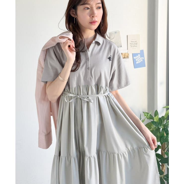 グレー | 異素材ミックスが目を惹く。胸刺繍ポロ衿布帛切り替えカットティアードワンピース（半… | Classical Elf 