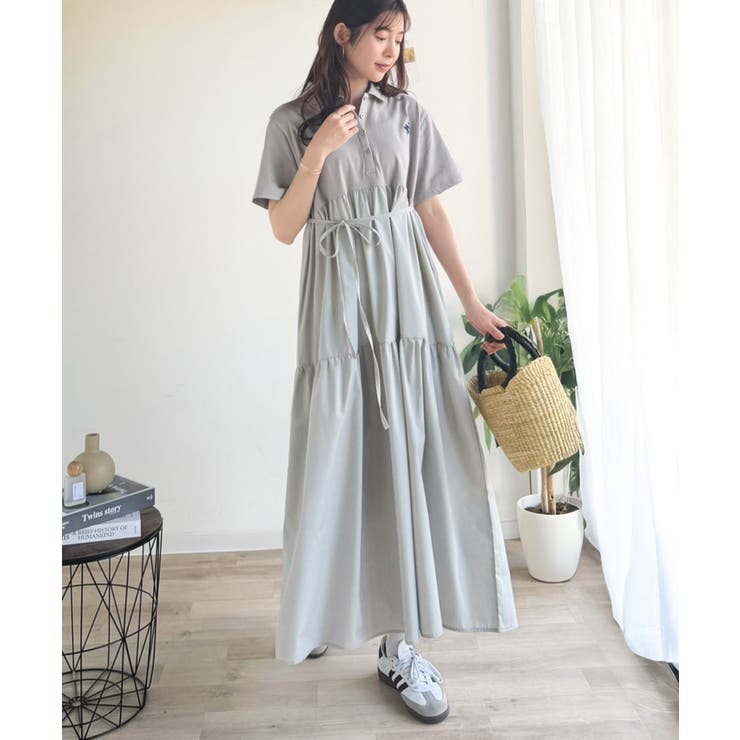 異素材ミックスが目を惹く。胸刺繍ポロ衿布帛切り替えカットティアードワンピース（半… | Classical Elf  | 詳細画像27 