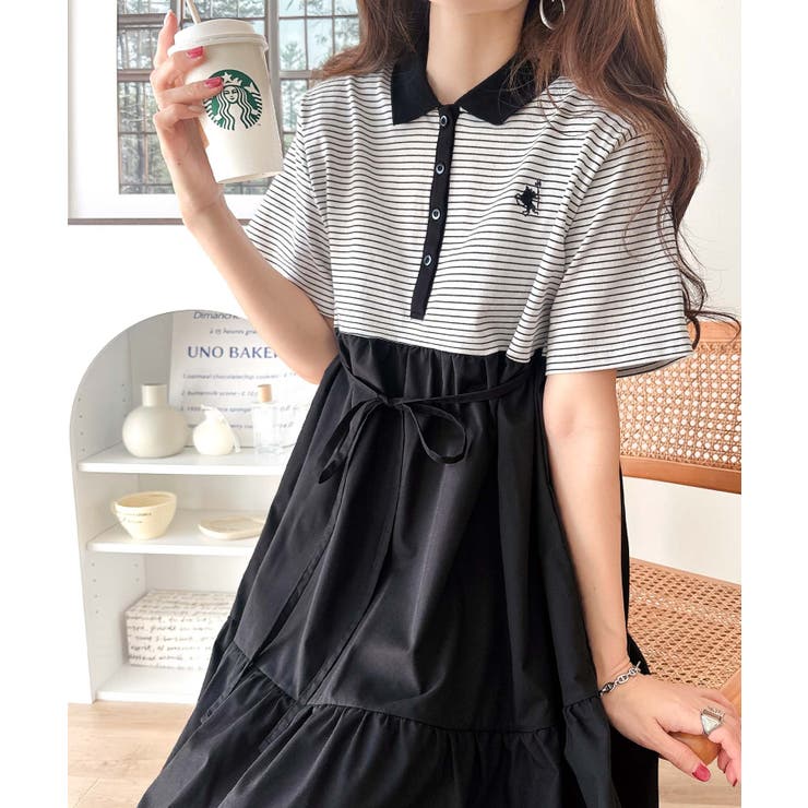 異素材ミックスが目を惹く。胸刺繍ポロ衿布帛切り替えカットティアードワンピース（半… | Classical Elf  | 詳細画像28 