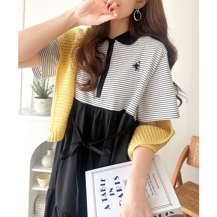 異素材ミックスが目を惹く。胸刺繍ポロ衿布帛切り替えカットティアードワンピース（半… | Classical Elf  | 詳細画像29 