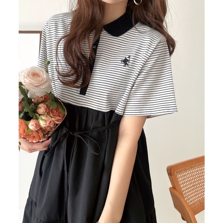 異素材ミックスが目を惹く。胸刺繍ポロ衿布帛切り替えカットティアードワンピース（半… | Classical Elf  | 詳細画像31 