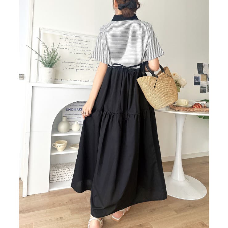 異素材ミックスが目を惹く。胸刺繍ポロ衿布帛切り替えカットティアードワンピース（半… | Classical Elf  | 詳細画像32 