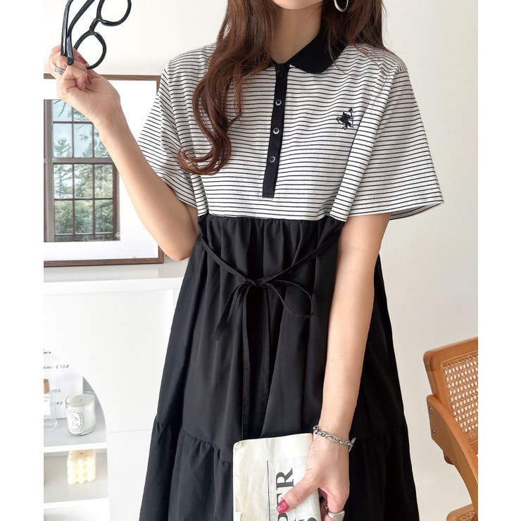 異素材ミックスが目を惹く。胸刺繍ポロ衿布帛切り替えカットティアードワンピース（半… | Classical Elf  | 詳細画像34 