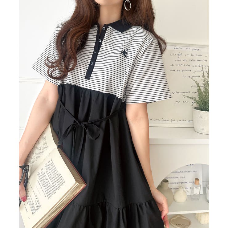 ボーダー | 異素材ミックスが目を惹く。胸刺繍ポロ衿布帛切り替えカットティアードワンピース（半… | Classical Elf 