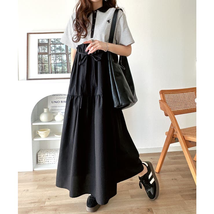 異素材ミックスが目を惹く。胸刺繍ポロ衿布帛切り替えカットティアードワンピース（半… | Classical Elf  | 詳細画像35 