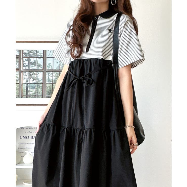 異素材ミックスが目を惹く。胸刺繍ポロ衿布帛切り替えカットティアードワンピース（半… | Classical Elf  | 詳細画像36 