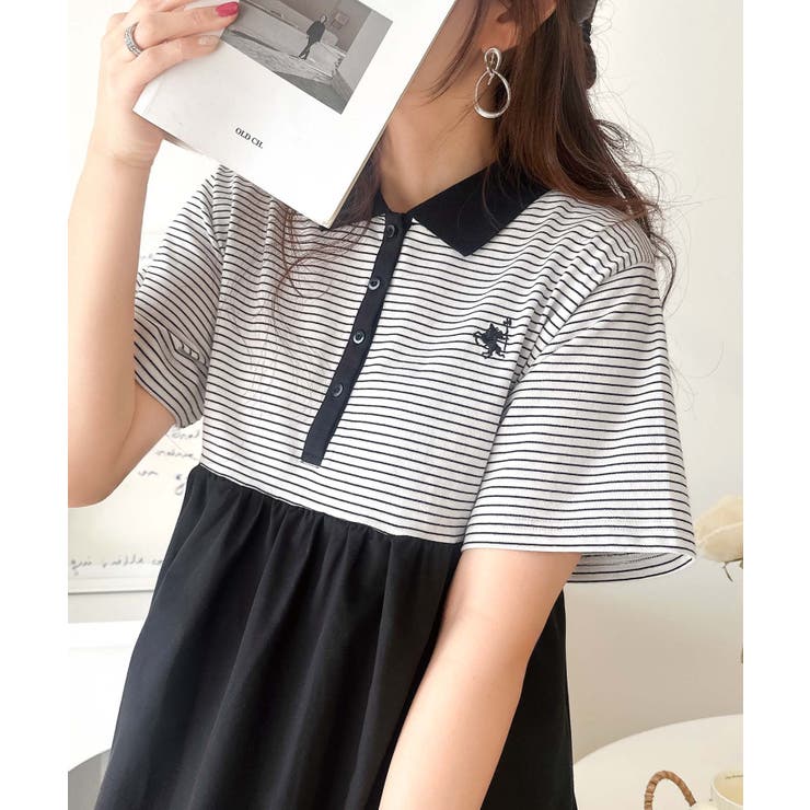 異素材ミックスが目を惹く。胸刺繍ポロ衿布帛切り替えカットティアードワンピース（半… | Classical Elf  | 詳細画像37 