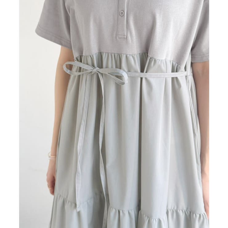 異素材ミックスが目を惹く。胸刺繍ポロ衿布帛切り替えカットティアードワンピース（半… | Classical Elf  | 詳細画像41 