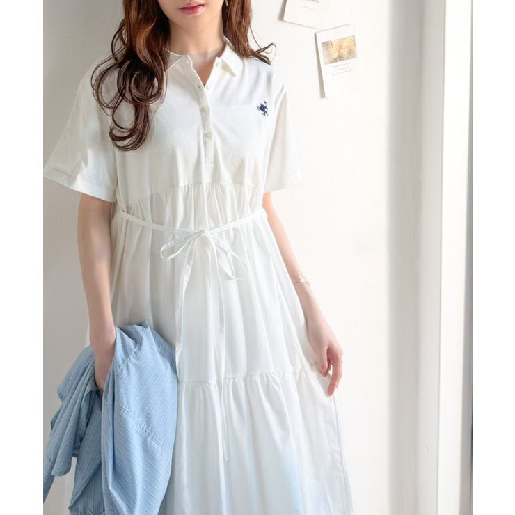 異素材ミックスが目を惹く。胸刺繍ポロ衿布帛切り替えカットティアードワンピース（半… | Classical Elf  | 詳細画像1 