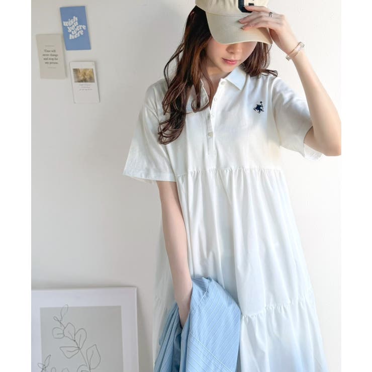 異素材ミックスが目を惹く。胸刺繍ポロ衿布帛切り替えカットティアードワンピース（半… | Classical Elf  | 詳細画像2 