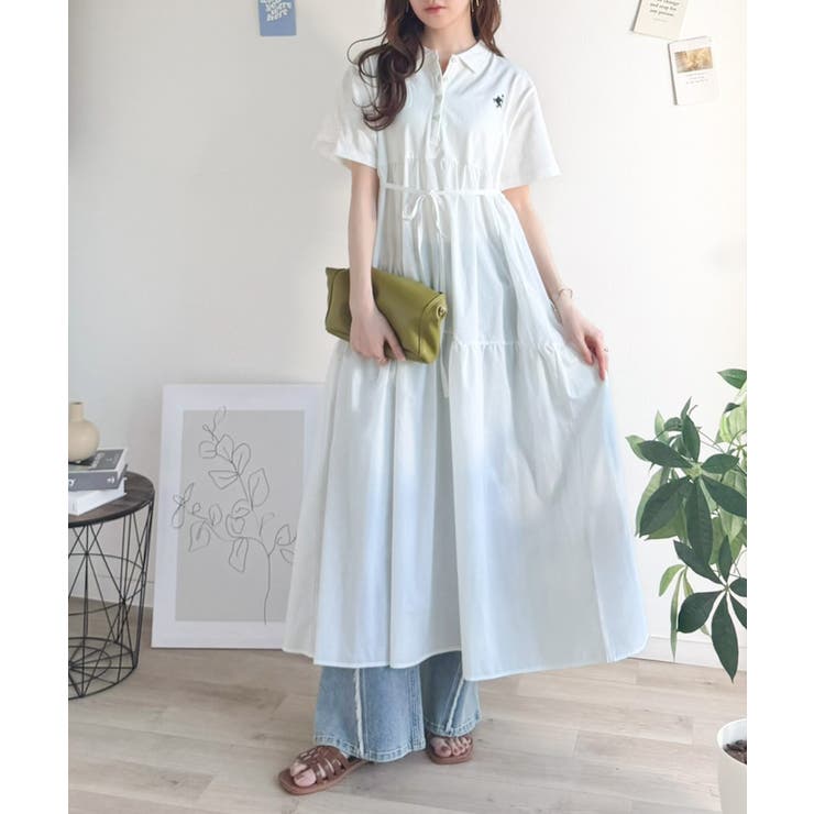 異素材ミックスが目を惹く。胸刺繍ポロ衿布帛切り替えカットティアードワンピース（半… | Classical Elf  | 詳細画像3 