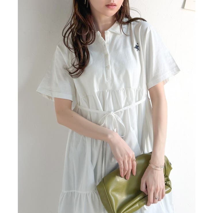 異素材ミックスが目を惹く。胸刺繍ポロ衿布帛切り替えカットティアードワンピース（半… | Classical Elf  | 詳細画像4 