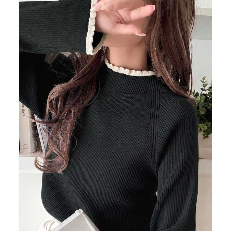 ブラック | 色っぽさと着回し力を兼ね備えた主役級ニット。スカラップ配色デザインニットプルオー… | Classical Elf 