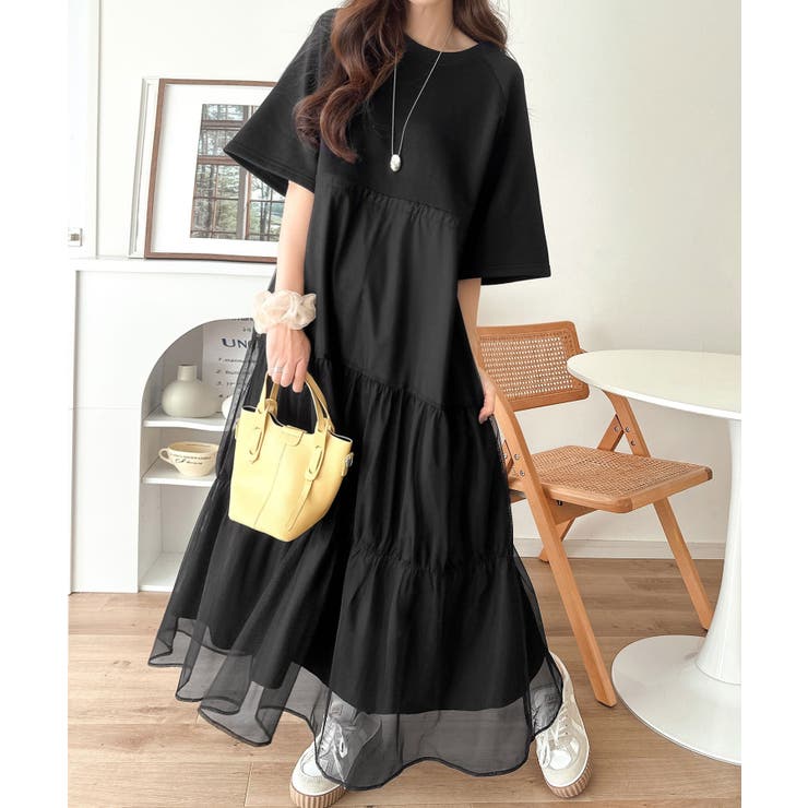 ブラック | 1枚で完成する、究極の大人カジュアル。半袖スウェットチュールドッキングワンピース | Classical Elf 