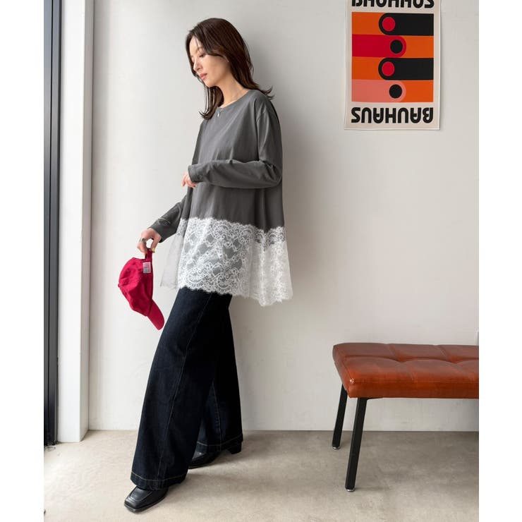 大人のきれいめカジュアル、体型も美しくカバー。裾レースカットソードッキングTシャ… | Classical Elf  | 詳細画像33 