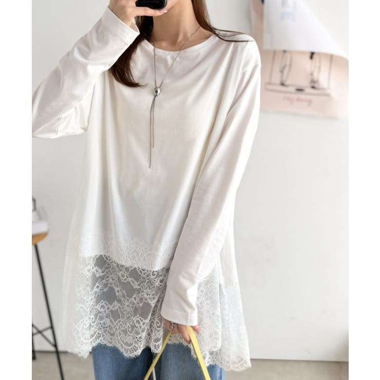 大人のきれいめカジュアル、体型も美しくカバー。裾レースカットソードッキングTシャ… | Classical Elf  | 詳細画像2 