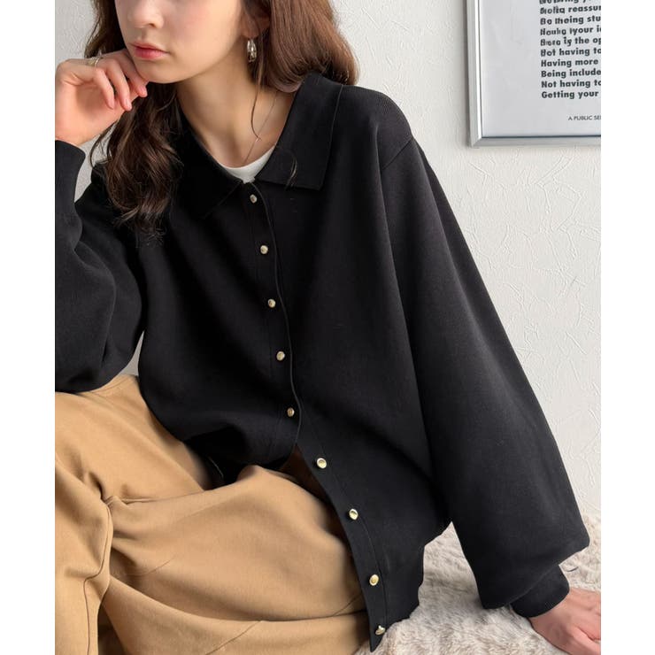 ブラック | レトロ配色で、ちょっぴり大人のお洒落感。バイカラー衿付きメタルボタンニットカーデ… | Classical Elf 
