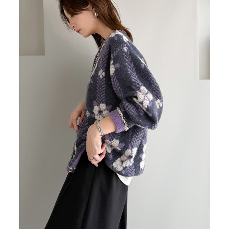 一枚で、レトロ可愛いの全部盛り。花柄ジャガード×ゴールドボタン フリンジニットカ… | Classical Elf  | 詳細画像31 