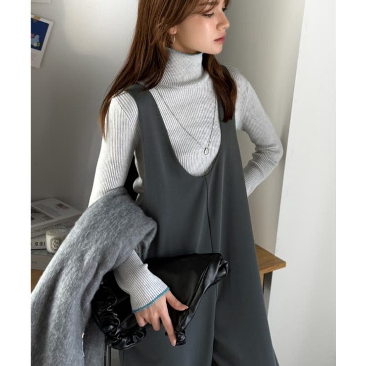 チャコール | 着心地ラクチン×お洒落見え♪深Uネックオールインワンサロペットパンツ | Classical Elf 