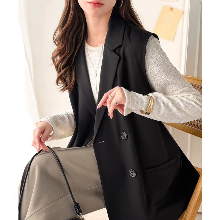 ブラック | いつものコーデに重ねるだけ。即、今っぽこなれ感。ダブルジャケットジレベスト | Classical Elf 