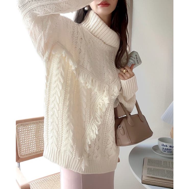 個性放つ1枚。フリンジ&ケーブル編みオーバーニット[品番：WZ000003948