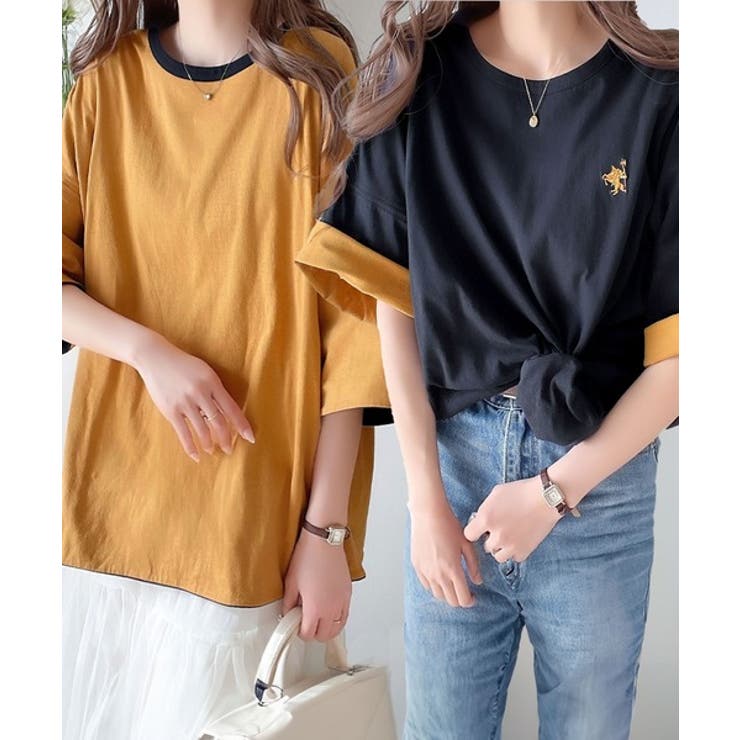 プラスワンでトレンド感UP。綿100%胸刺繍リバーシブルTシャツ[品番