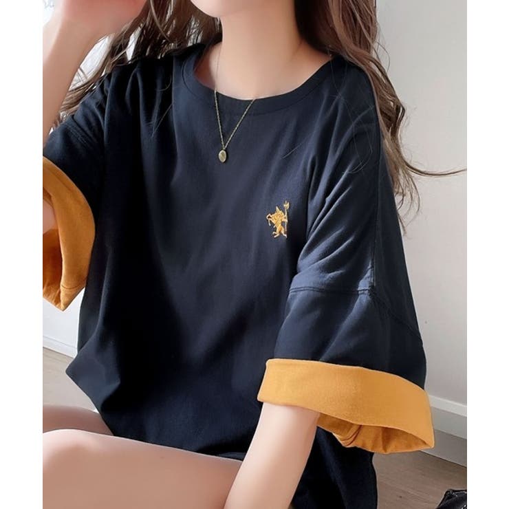 プラスワンでトレンド感UP。綿100%胸刺繍リバーシブルTシャツ[品番