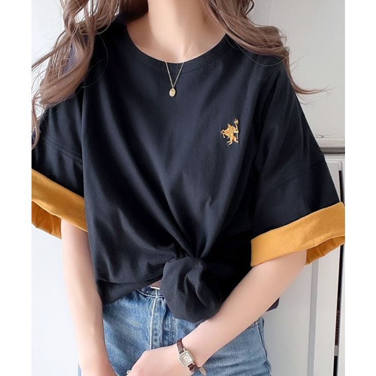 プラスワンでトレンド感UP。綿100%胸刺繍リバーシブルTシャツ[品番 