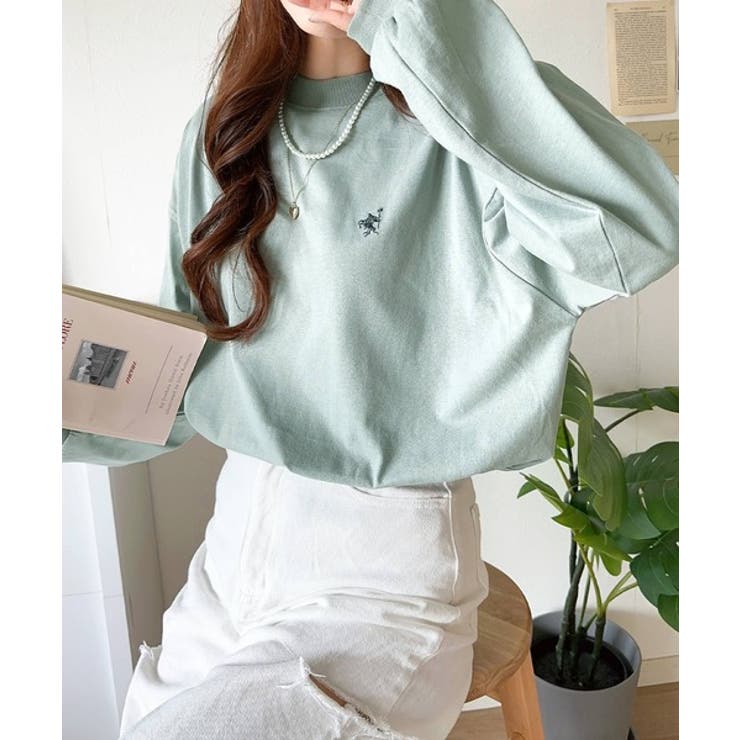 大人リラックススタイル。ワンポイント刺繍モックネック長袖Tシャツ（無地 ボーダー… | Classical Elf  | 詳細画像43 