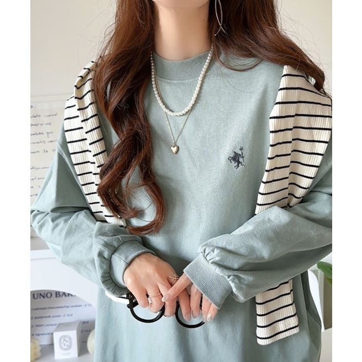 大人リラックススタイル。ワンポイント刺繍モックネック長袖Tシャツ（無地 ボーダー… | Classical Elf  | 詳細画像45 