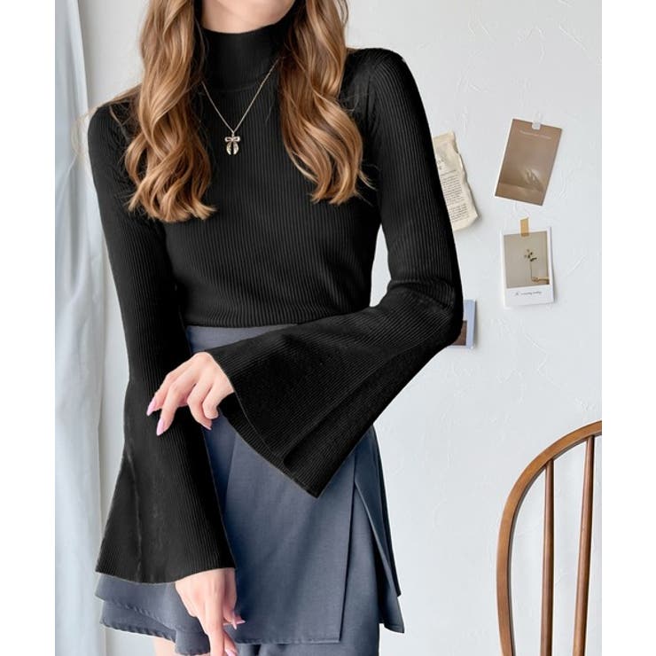 ブラック | 大人かわいいが実現できる。袖フレアハイネックニットプルオーバー（袖配色 無地 ボ… | Classical Elf 