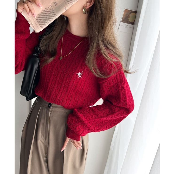 レトロ上品なトラッドテイスト。ワンポイント胸刺繍ケーブルニットプルオーバー | Classical Elf  | 詳細画像28 