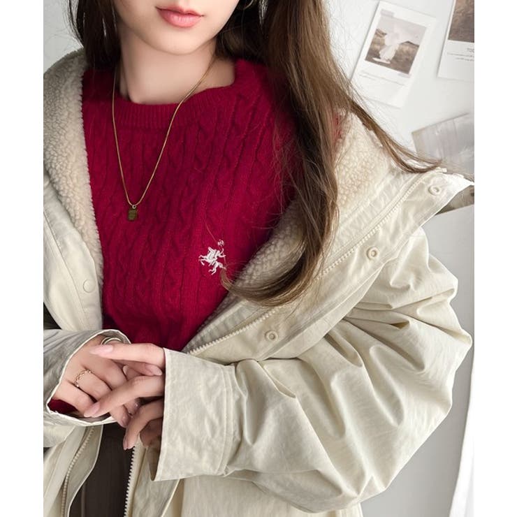 レトロ上品なトラッドテイスト。ワンポイント胸刺繍ケーブルニットプルオーバー | Classical Elf  | 詳細画像31 