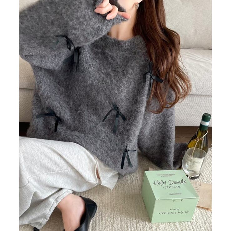 チャコール | 大人カジュアルに甘さをプラス。リボン付きシャギーニット | Classical Elf 