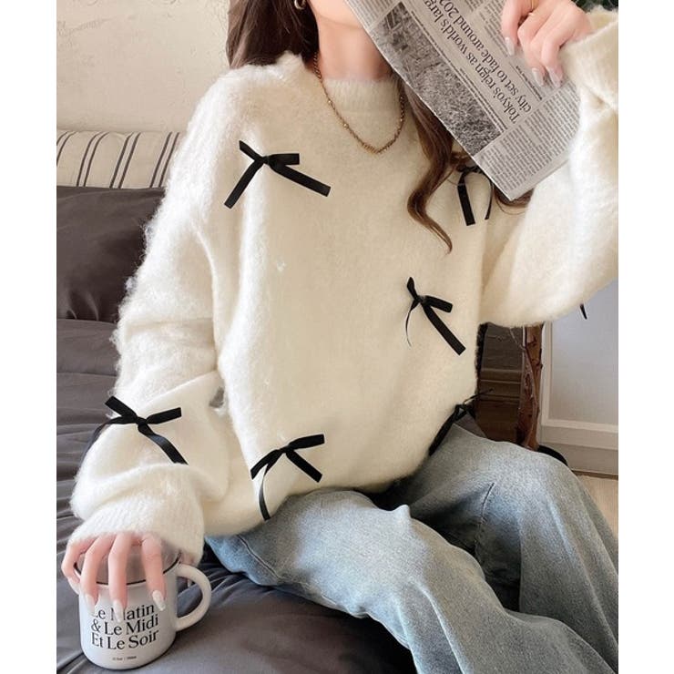 アンドエルシー　猫リリジャスニット 大人カジュアルに甘さをプラス。リボン付きシャギーニット[品番