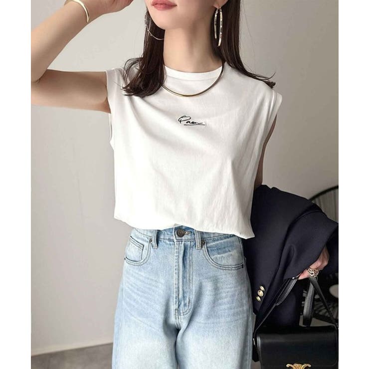 ホワイト | 接触冷感♪大人カジュアルを格上げ！胸元ワンポイント刺繍ノースリーブトップ | Classical Elf 