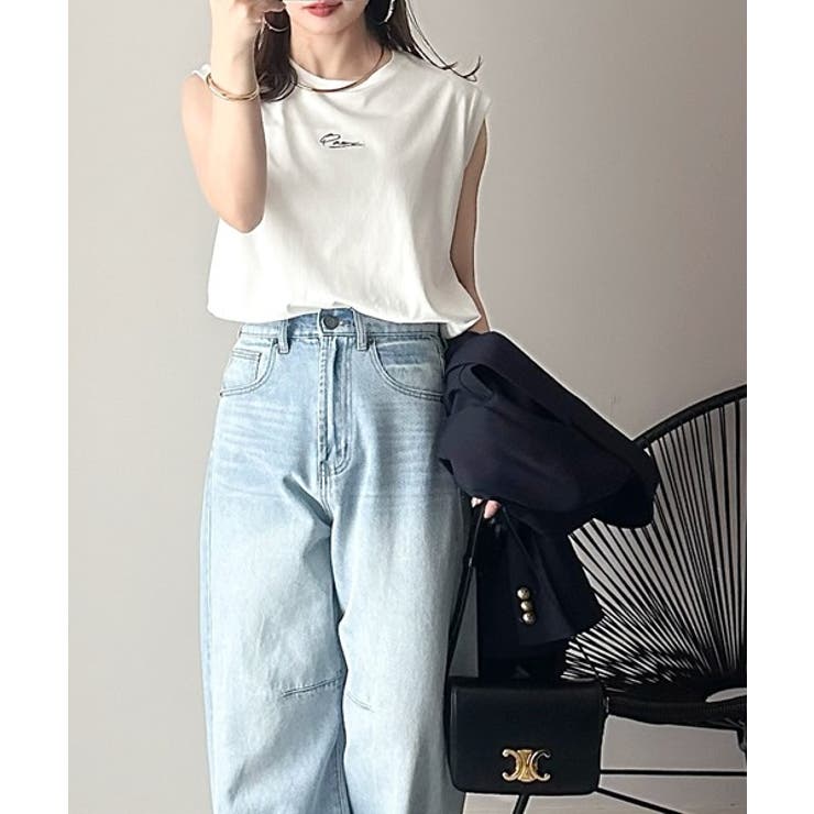 接触冷感♪大人カジュアルを格上げ！胸元ワンポイント刺繍ノースリーブトップ | Classical Elf  | 詳細画像9 