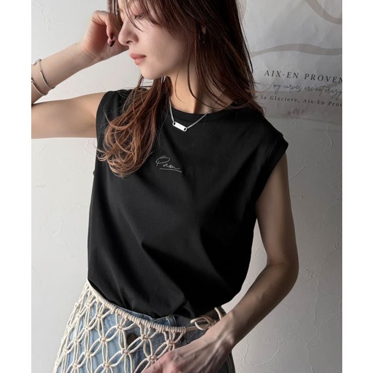 ブラック | 接触冷感♪大人カジュアルを格上げ！胸元ワンポイント刺繍ノースリーブトップ | Classical Elf 