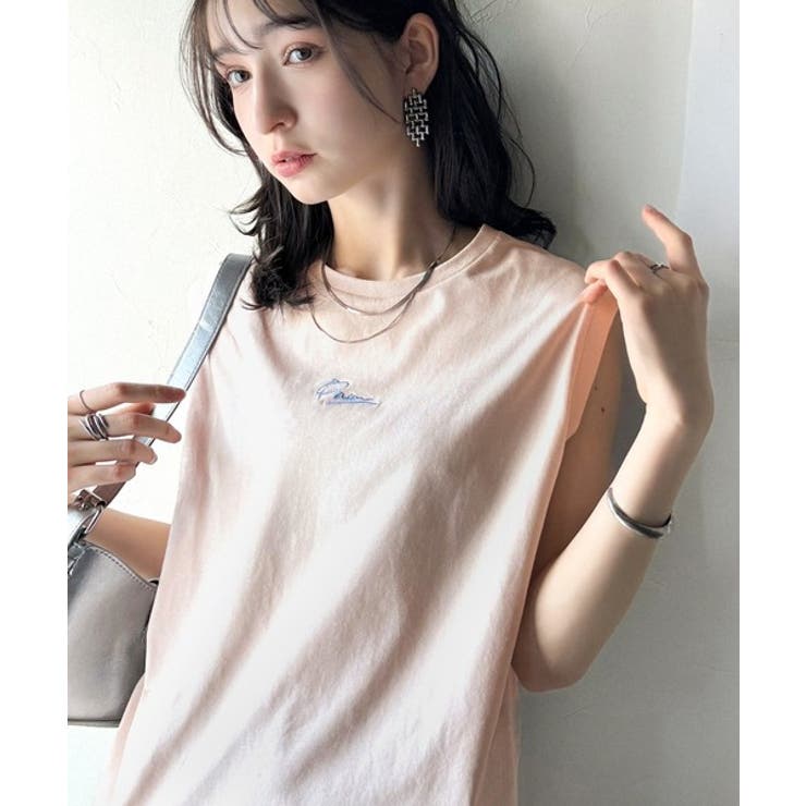 ピンク | 接触冷感♪大人カジュアルを格上げ！胸元ワンポイント刺繍ノースリーブトップ | Classical Elf 