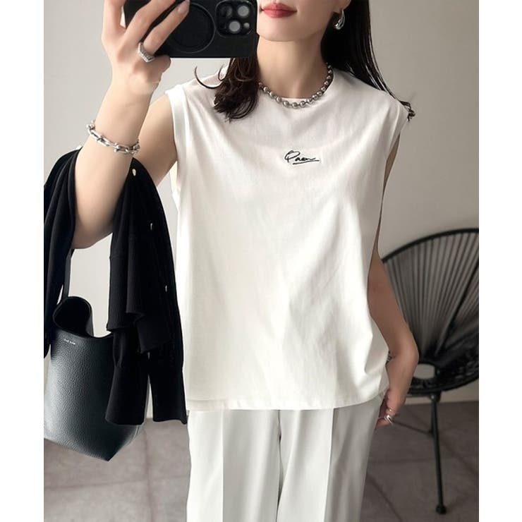 接触冷感♪大人カジュアルを格上げ！胸元ワンポイント刺繍ノースリーブトップ | Classical Elf  | 詳細画像2 