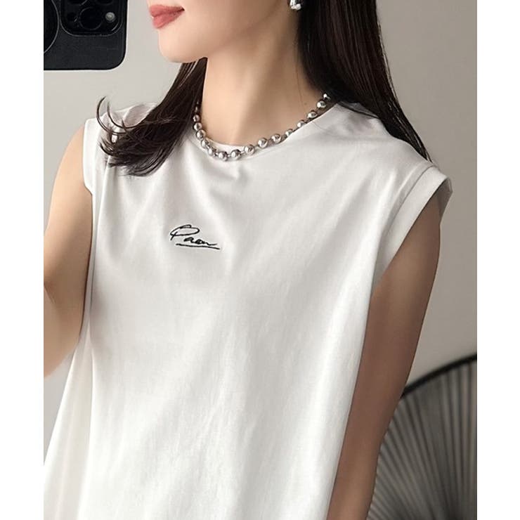 接触冷感♪大人カジュアルを格上げ！胸元ワンポイント刺繍ノースリーブトップ | Classical Elf  | 詳細画像3 