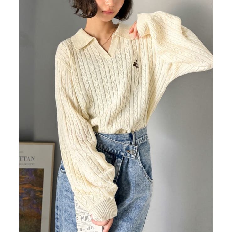 ”品よく華やぐ”。大人のマストバイニット。胸刺繍ケーブル編みポロ襟スキッパーニッ… | Classical Elf  | 詳細画像7 