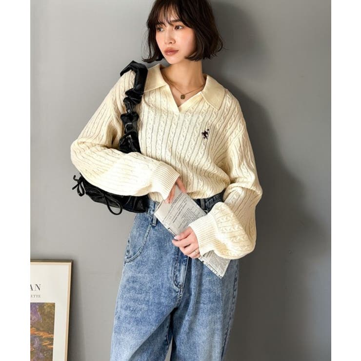 ”品よく華やぐ”。大人のマストバイニット。胸刺繍ケーブル編みポロ襟スキッパーニッ… | Classical Elf  | 詳細画像10 